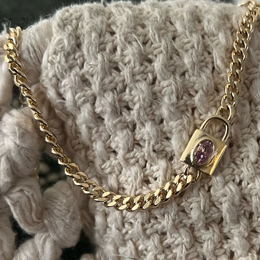 Gold Chain Bracelet with Pink Gemstone Lock